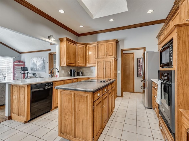 kitchen featuring ornamental molding, a center island, light tile patterned floors, and black appliances