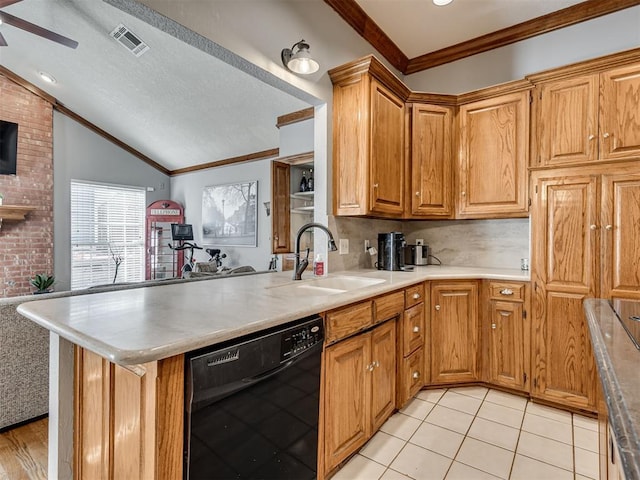 kitchen featuring lofted ceiling, sink, dishwasher, ornamental molding, and kitchen peninsula