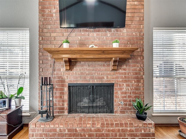 room details with hardwood / wood-style flooring and a fireplace