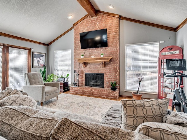 living room featuring plenty of natural light, vaulted ceiling with beams, and a fireplace