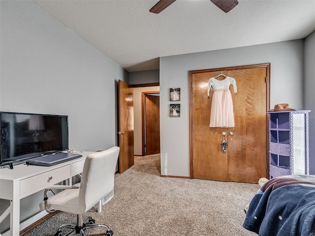 bedroom with light carpet and ceiling fan