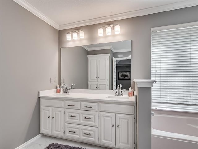 bathroom featuring vanity, a bathtub, and crown molding