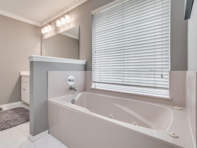 bathroom featuring vanity, ornamental molding, and a tub