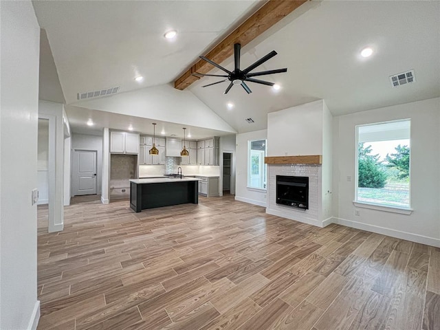 unfurnished living room featuring beam ceiling, ceiling fan, sink, high vaulted ceiling, and a fireplace