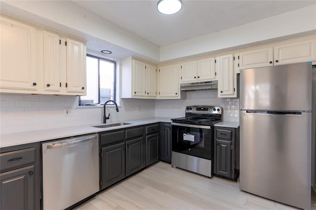 kitchen featuring decorative backsplash, sink, appliances with stainless steel finishes, and light wood-type flooring