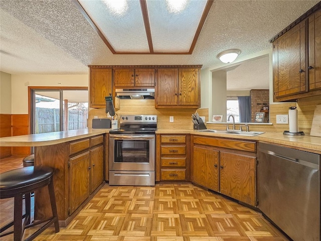 kitchen featuring kitchen peninsula, sink, a wealth of natural light, and stainless steel appliances