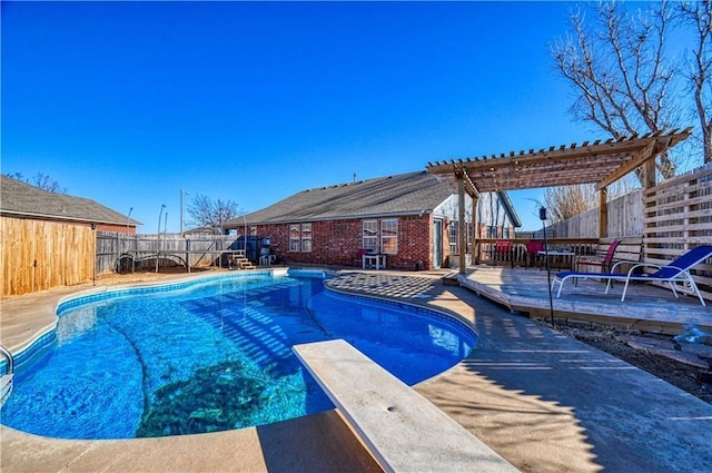 view of pool featuring a diving board and a pergola