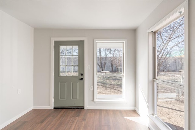 doorway with dark wood-type flooring