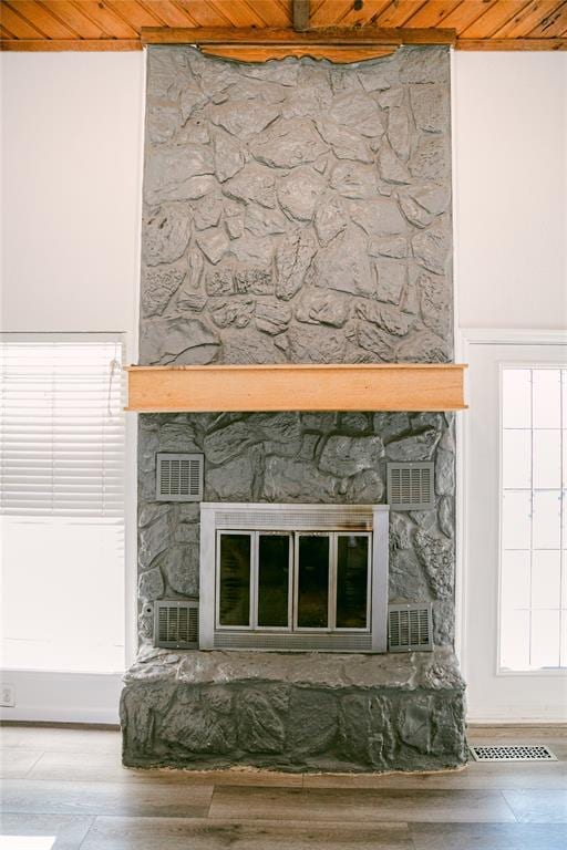 interior details featuring a fireplace, wooden ceiling, and wood-type flooring