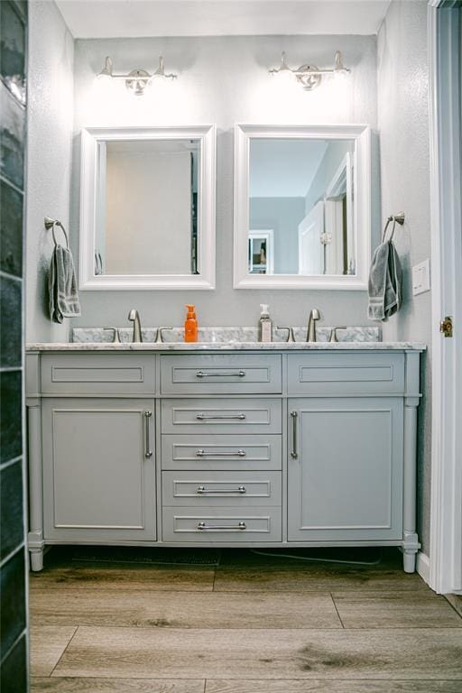 bathroom with hardwood / wood-style flooring and vanity