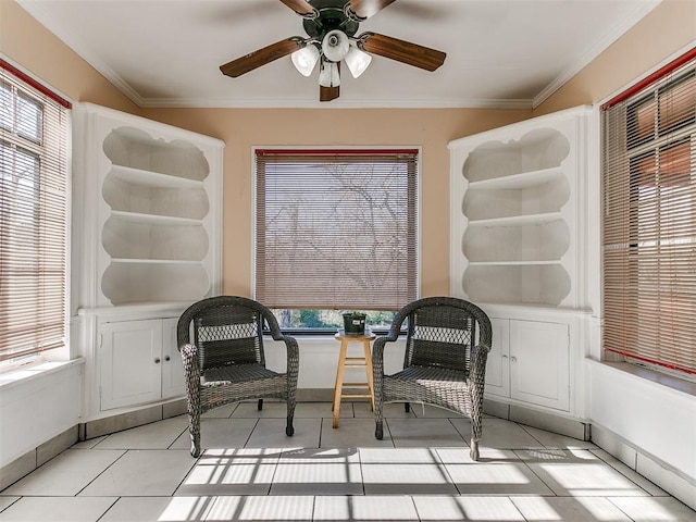 office area with plenty of natural light, light tile patterned flooring, crown molding, and ceiling fan