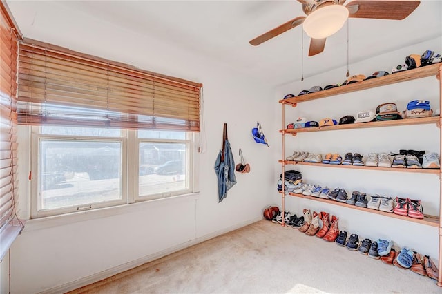 interior space featuring carpet and ceiling fan