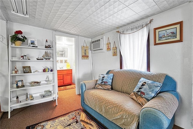 living area featuring carpet flooring and a wall mounted AC