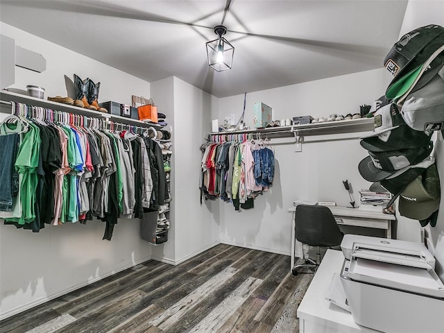 walk in closet with dark hardwood / wood-style flooring