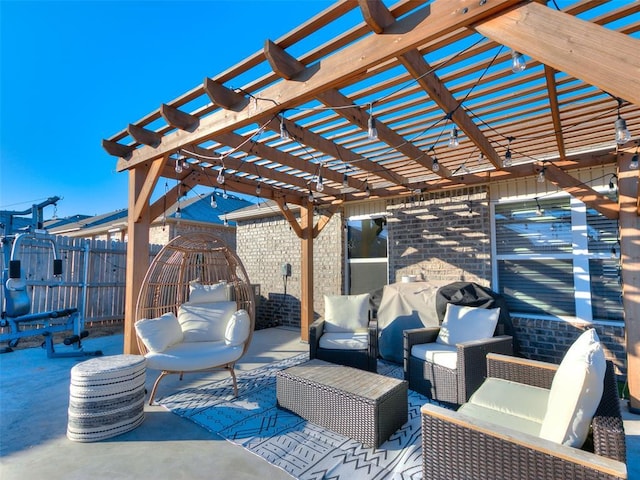 view of patio featuring a pergola and outdoor lounge area