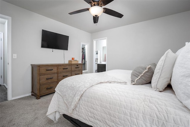 carpeted bedroom featuring ceiling fan, a walk in closet, connected bathroom, and a closet