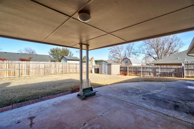 view of patio / terrace featuring a shed