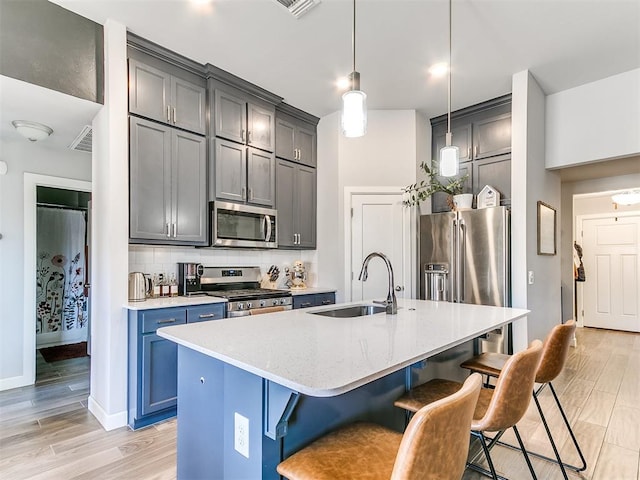 kitchen featuring a center island with sink, hanging light fixtures, stainless steel appliances, a breakfast bar, and sink