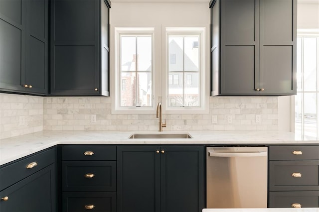 kitchen featuring a sink, a healthy amount of sunlight, decorative backsplash, and dishwasher