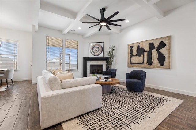 living area featuring recessed lighting, coffered ceiling, baseboards, and wood tiled floor