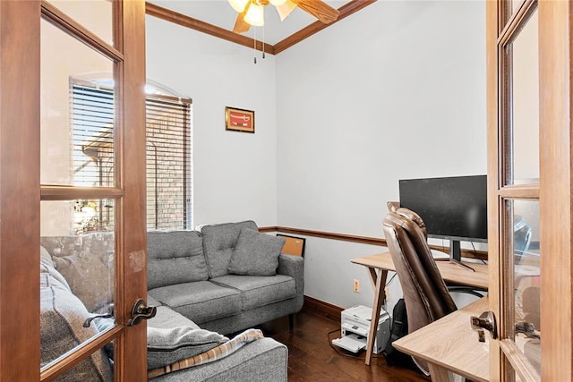 office space with dark hardwood / wood-style flooring, ceiling fan, crown molding, and a healthy amount of sunlight