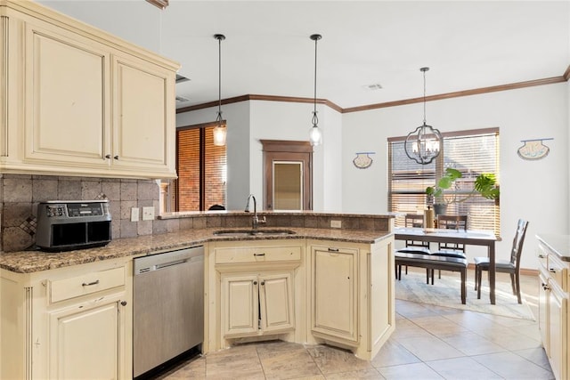 kitchen featuring decorative light fixtures, sink, decorative backsplash, stainless steel dishwasher, and cream cabinetry