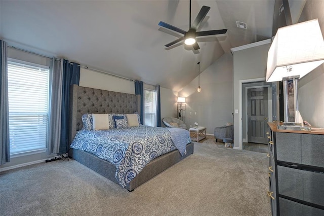 carpeted bedroom featuring ceiling fan, lofted ceiling, and multiple windows