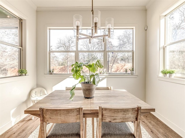 dining area featuring hardwood / wood-style floors, crown molding, and a healthy amount of sunlight