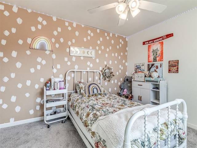 bedroom with ceiling fan and light colored carpet