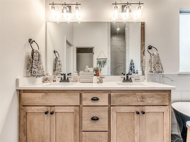 bathroom with vanity, independent shower and bath, and tile walls