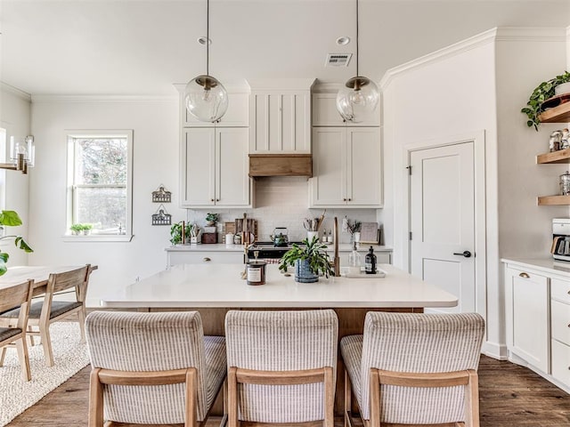 kitchen with white cabinetry, an island with sink, and pendant lighting