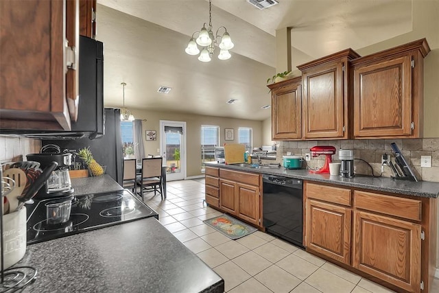 kitchen with pendant lighting, backsplash, an inviting chandelier, light tile patterned floors, and black dishwasher