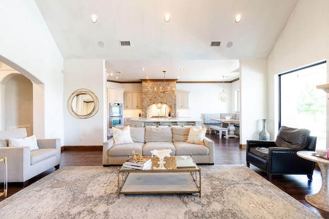 living room featuring dark hardwood / wood-style flooring and high vaulted ceiling