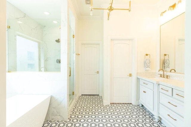 bathroom featuring separate shower and tub, crown molding, tile patterned flooring, and vanity