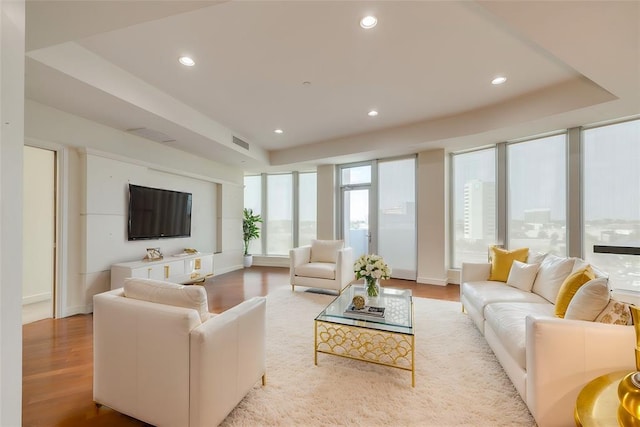 living room with light hardwood / wood-style floors and a tray ceiling