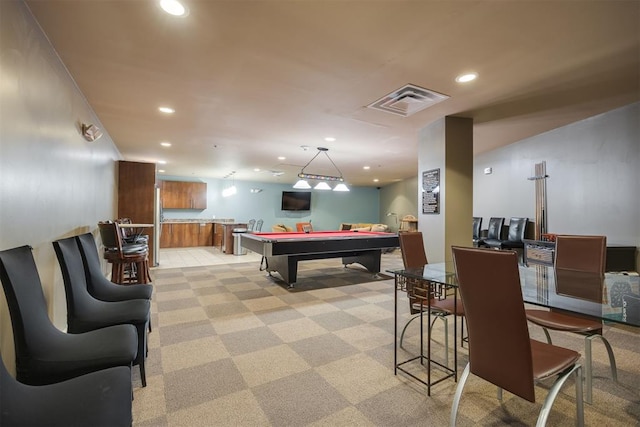 game room with light carpet and pool table