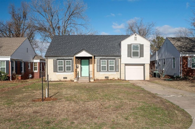 view of front of home with a front yard, a garage, and cooling unit