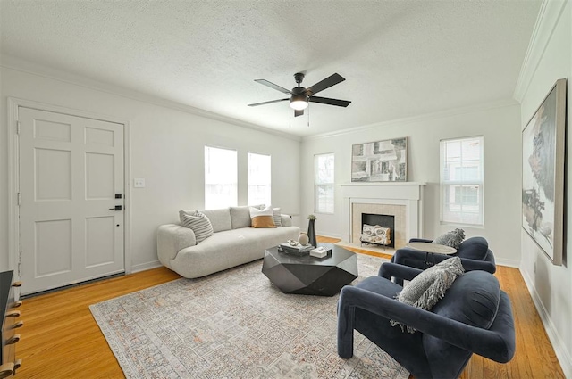 living room featuring ornamental molding, a textured ceiling, ceiling fan, light hardwood / wood-style flooring, and a fireplace