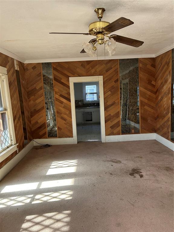 carpeted empty room featuring ceiling fan, crown molding, and wood walls