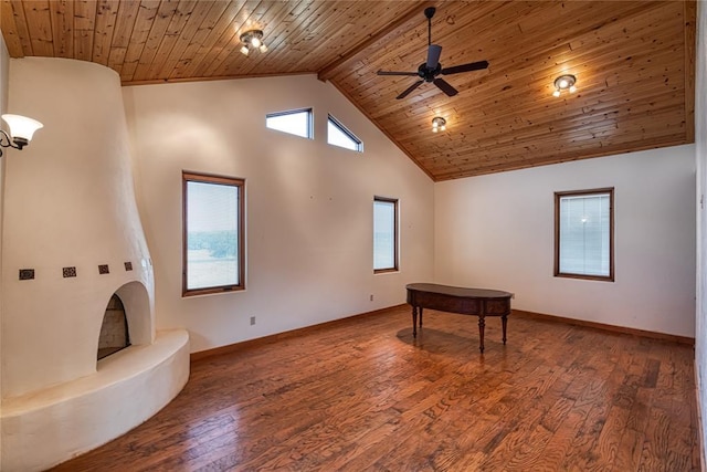 living room with hardwood / wood-style floors and wooden ceiling