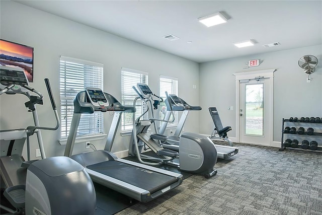 gym featuring dark carpet and a wealth of natural light