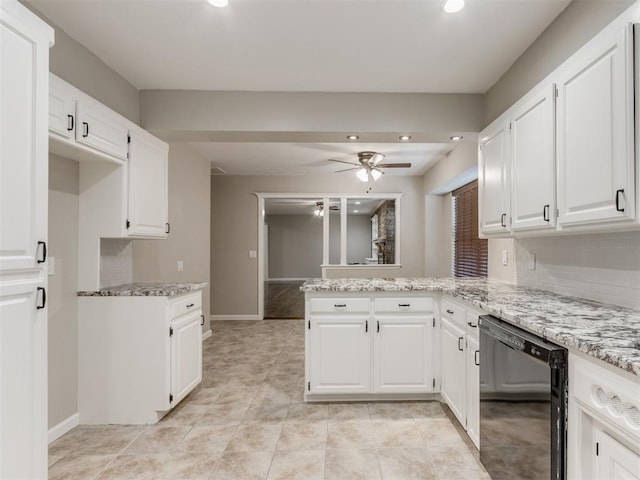 kitchen with white cabinets, kitchen peninsula, and dishwasher