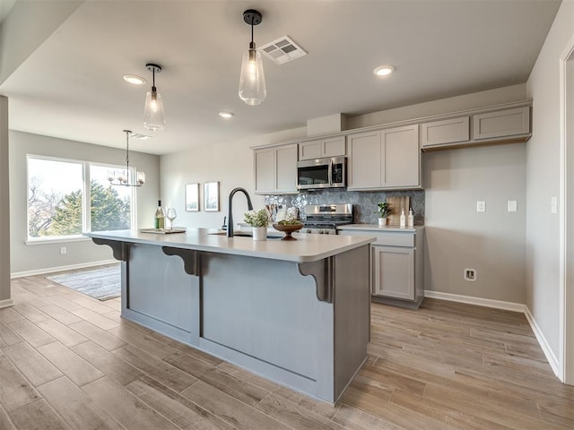 kitchen with gray cabinetry, stainless steel appliances, backsplash, pendant lighting, and a center island with sink