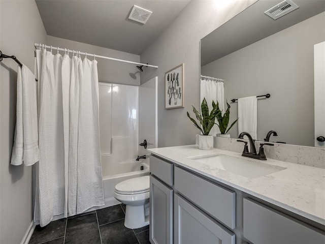 full bathroom featuring tile patterned floors, vanity, toilet, and shower / bathtub combination with curtain