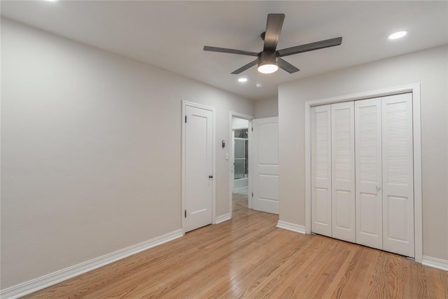 unfurnished bedroom featuring a closet, ceiling fan, and light hardwood / wood-style floors