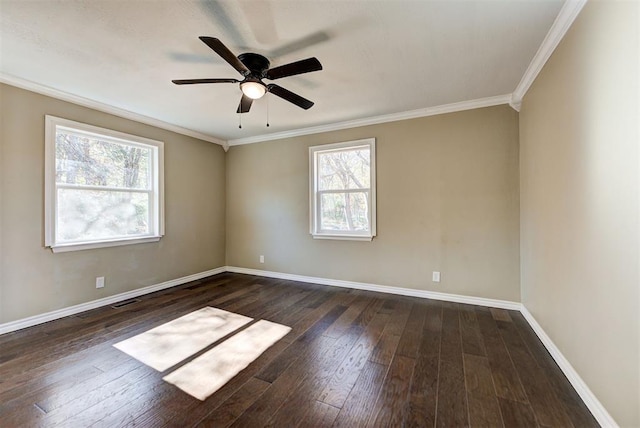 unfurnished room with ceiling fan, dark hardwood / wood-style flooring, and ornamental molding