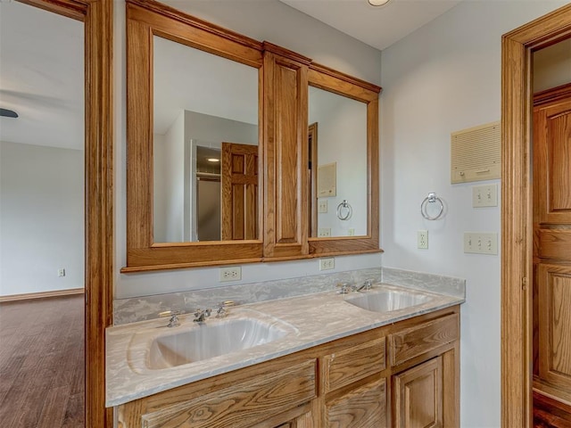 bathroom featuring vanity and hardwood / wood-style floors