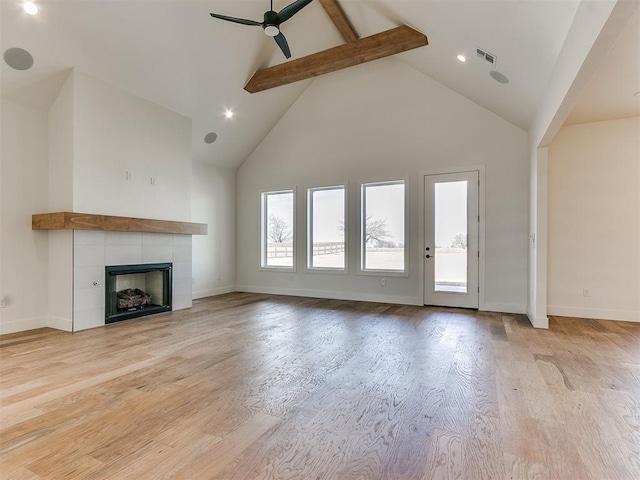 unfurnished living room with a fireplace, visible vents, a ceiling fan, and wood finished floors