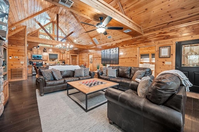 living room featuring beamed ceiling, ceiling fan with notable chandelier, high vaulted ceiling, and wood ceiling