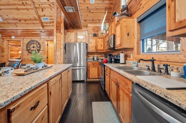 kitchen featuring appliances with stainless steel finishes, wood ceiling, wooden walls, and sink